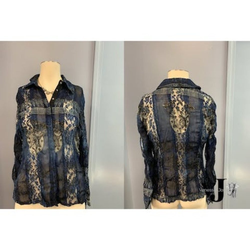 Agora Blue Black Embellished Long Sleeve Shirt Top, Small